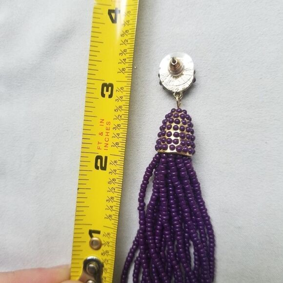 Plum Purple Beaded Tassel Statement Post Earrings in Goldtone like Baublebar - Picture 4 of 5